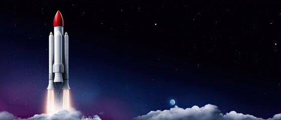 Obraz premium A futuristic rocket launches into space, surrounded by clouds and a starry sky, showcasing the thrill of exploration and innovation.