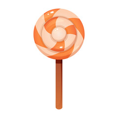 Bright orange spiral lollipop on stick, isolated on white. Candy for autumn, Halloween and kids birthday designs. Cartoon vector illustration
