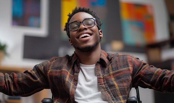 Happy young disabled African American office worker in a wheelchair, contributing to an inclusive workplace environment, Generative AI