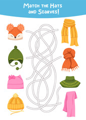 Find the pair, autumn clothes matching game for children. Connect knitted hats and scarves. Printable activity for kids learning visual association and seasonal clothing