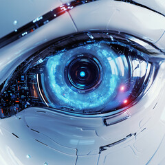 A close up of a robotic eye with intricate details and a glowing blue iris and metallic white skin