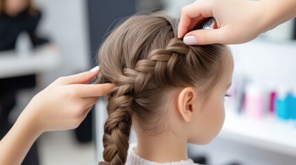 Fototapeta premium Child's hair being styled with care by hairdresser, focus on braid creation and tools