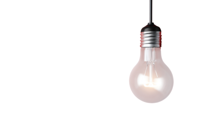 A glowing light bulb hanging from a wire against a white isolated background.
