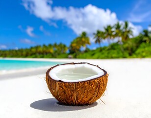 Fototapeta premium A refreshing half-cut coconut filled with water resting on a pristine white sandy beach with turquoise ocean and lush palm trees under a bright blue sky.