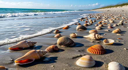 Seashore treasures under a bright sky: A symphony of seashells scattered on the beach, creating a tranquil and captivating coastal landscape during the sunlit day and offering a glimpse into