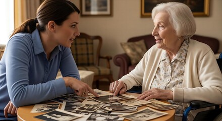 Whispers of Yesterday: A Caregiver and a Senior Woman Share Memories Over Old Black-and-White Photographs.