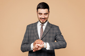 Young smiling happy successful employee business man corporate lawyer wear classic formal grey suit...