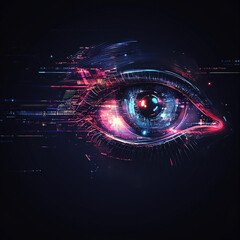 A digitally rendered eye with a dark background and glowing blue and pink accents and digital elements