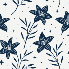 Dark blue lily flowers and star pattern on cream background floral