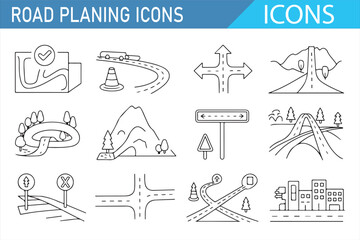 Set of Line Art Icons Representing Roads, Highways, and City Infrastructure