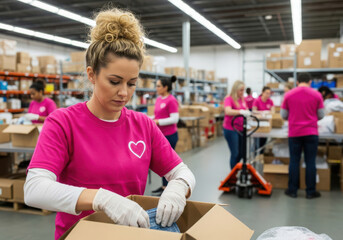 Woman volunteer packing boxes in a warehouse helping others