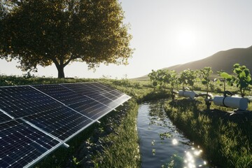 Sustainable energy solutions with solar panels and irrigation at a vineyard during sunrise