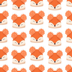 Seamless pattern with kids knitted hats. Autumn background with fox headwear. Vector ornament