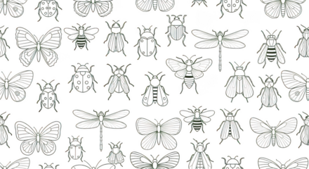A seamless pattern of handdrawn insects creates a natural background isolated on transparent background