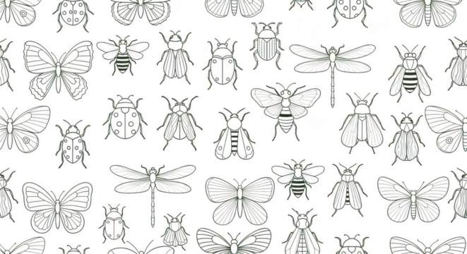 A seamless pattern of handdrawn insects creates a natural background isolated on transparent background