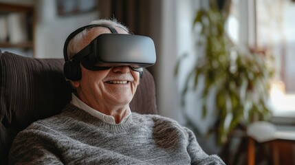 Excited mature senior man wearing using virtual reality metaverse VR glasses headset at home. Grandfather touching air during VR experience on virtual reality helmet. Simulation hi-tech videogame