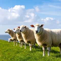 Four sheep stand in a row on a grassy hill overlooking the ocean under a bright blue sky