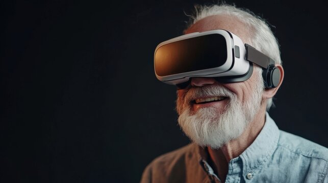 Excited mature senior man wearing using virtual reality metaverse VR glasses headset at home. Grandfather touching air during VR experience on virtual reality helmet. Simulation hi-tech videogame - Powered by Adobe