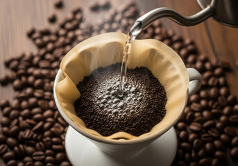 Pour over coffee brewing process with hot water and coffee beans