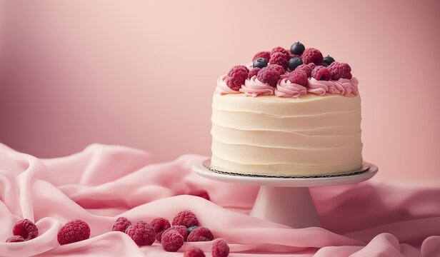 Beautiful cake with fresh berries on top against pink fabric background creating elegant composition for commercial use. Sharp focus and enhanced textures