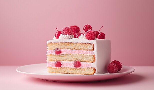 Centered composition of white cake slice with pink cream and raspberries on pastel background. Studio lighting highlights textures and colors for commercial use