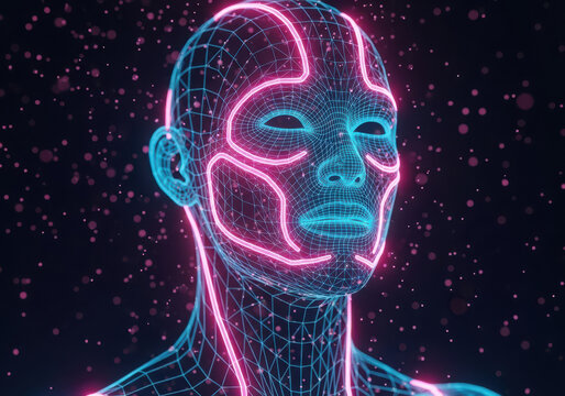 Futuristic neon wireframe human head with glowing lines - Powered by Adobe