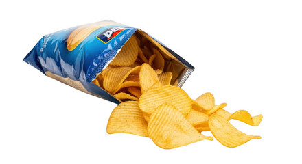 Potato chips spilling from a blue bag isolated on transparent background