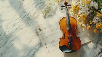 Fototapeta premium Violin and music sheets on wooden table, top view. Space for text