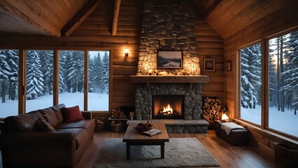 Cozy winter cabin interior with fireplace, leather sofa, and snowy forest view. Perfect for relaxation and holiday themes.