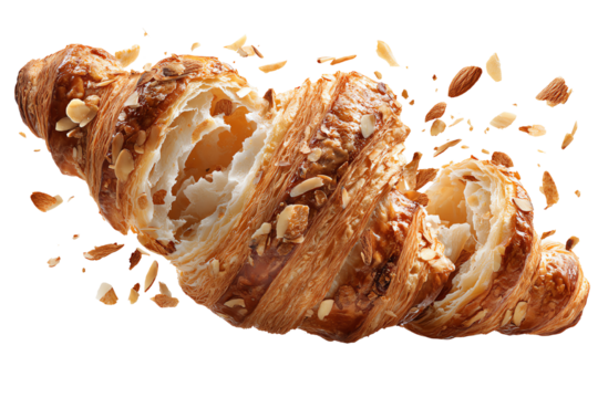 Delicious almond croissant with a flaky, golden crust and crunchy almond topping, isolated on a white background.
