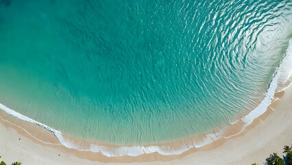 Stunning aerial view of a secluded tropical beach with crystal-clear turquoise water lapping gently at the pristine white sand.