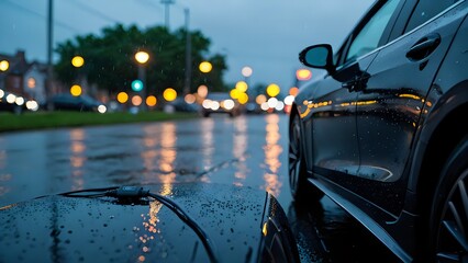 Electric car charging in the rain at night. City lights blurred in the background, creating a moody atmosphere.