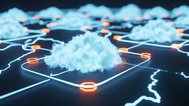 Cloud computing network with data transfer and storage, connecting to a global network, providing access to online services and digital information worldwide