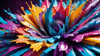 Vibrant abstract art of multicolored paint splash forming a flower-like shape.  Perfect for design projects needing bold, creative visuals.