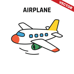 Simple vector illustration of an airplane with a blue tail, yellow wings, and orange nose, flying through the sky with a minimalist and clean look