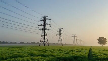 Serene sunrise over a vast green field with tall electricity pylons extending towards the horizon; a solitary tree stands sentinel at the right.