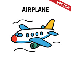 Airplane vector icon with a yellow tail, red tail, and green engine, flying with a simple and vibrant design representing modern air travel in a clean style