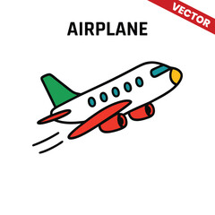 Clean and minimalist vector illustration of an airplane with a red tail, green engine, and yellow wings, flying through a clear blue sky