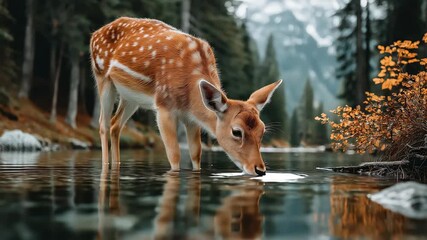 Wild deer drinking water in autumn forest river
- Powered by Adobe