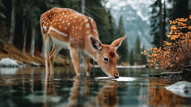 Wild deer drinking water in autumn forest river
