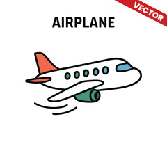 colorful cartoon airplane flying across the sky with a green tail and red engine, designed in a fun and simple vector style