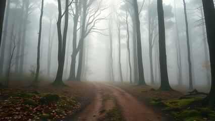 Fototapeta premium Misty morning sunlight filters through the green foliage and tall trees of a tranquil autumn forest