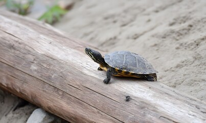 Obraz premium an terrapin turtle chilling on a log by a sandy river