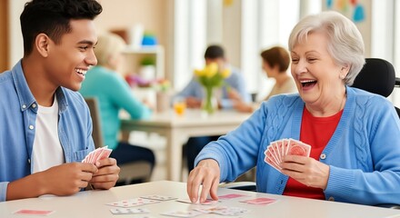 A Full House of Laughter: A Young Volunteer and a Senior Woman Share a Joyful Card Game.