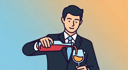 Dapper Gentleman Pours Wine, a Modern Vector Illustration on a Gradient Background.