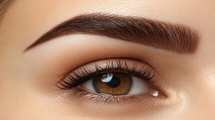 Fototapeta premium Close-up of a woman's eyes with well-defined eyebrows, full lashes, and smooth skin, highlighting meticulous grooming. Concept of beauty, eyebrow shaping kit, grooming and natural brow look.