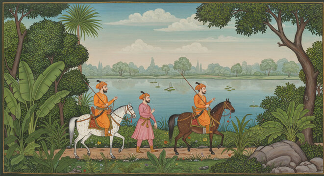 Ancient Mughal miniature vector mural of horse procession through tropical forest, lake and jungle landscape, artistic wall art for living room decor
