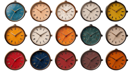 A collection of colorful wall clocks displayed in a grid, showcasing various designs and vibrant shades.