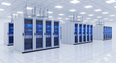 Modern Computer Server Room with Rows of Blue Light Racks and White Flooring