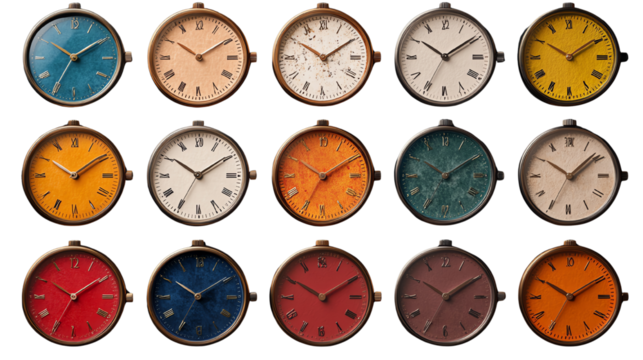 A collection of colorful wall clocks displayed in a grid, showcasing various designs and vibrant shades.